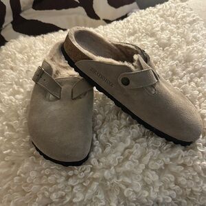 Birkenstock Fur Suede Slip-On Clogs in Light Beige